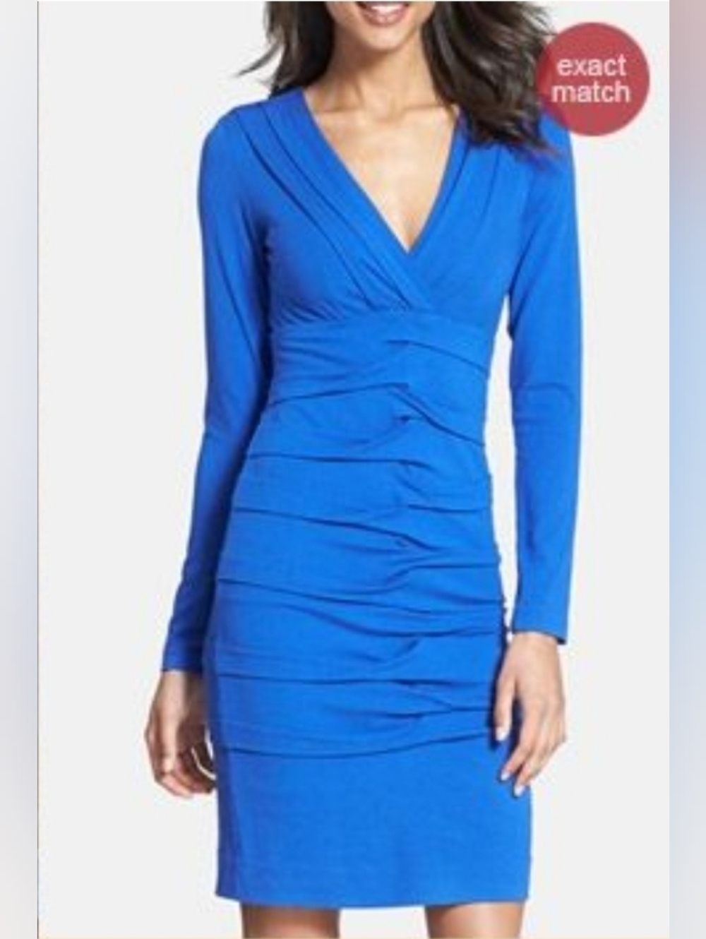 NWT $275 Nicole Miller Artelier Royal Blue Ruffle Sheath Dress Stretch V-Neck M